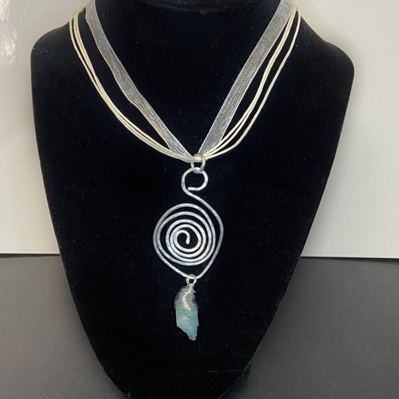 Hammered Stainless Steel Wire Pendant w/ Wrapped Blue Dyed Quartz Stone - Picture 8 of 12